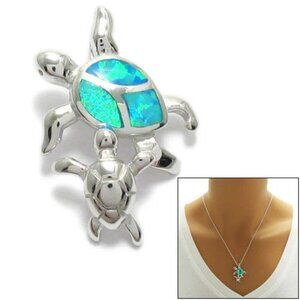 LOVELY STERLING SILVER CREATED OPAL MOTHER AND BABY TURTLE PENDANT